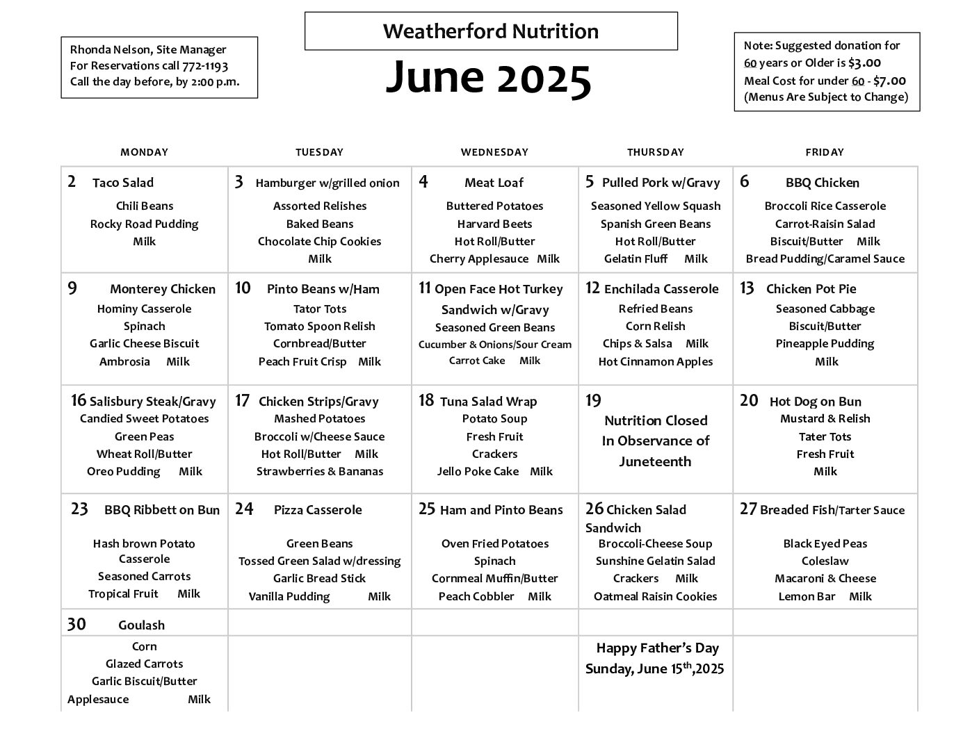 June Menu 2025